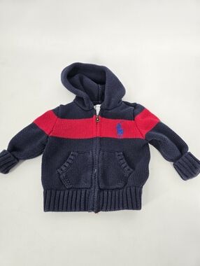 Ralph Lauren Baby Boy Knit Zip Up Logo Sweater Blue Red Stripe 6M